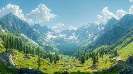 Fototapeta premium Sunny Alpine Valley with Snowy Peaks