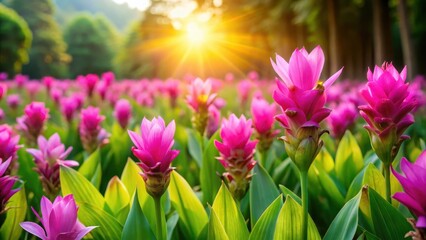 Fototapeta premium Vibrant Siam tulip flowers in full bloom, surrounded by lush green foliage and warm sunlight filtering through the leaves , flower field, wildflowers
