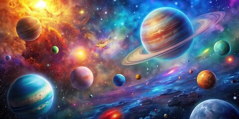 Cosmic Landscape with Vibrant Planets, astronomical, colorful galaxies,  astronomical, colorful galaxies
