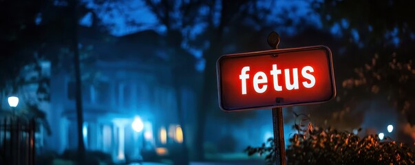 Image featuring an unusual red sign with the word "fetus" glowing in a dimly lit, mysterious nighttime environment near a building.