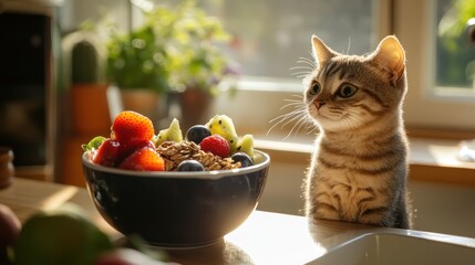 A vibrant bowl of organic acai with granola and fresh fruit sits on a tidy kitchen counter
