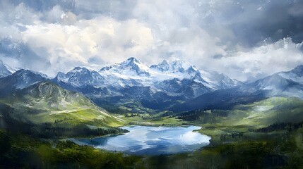 Fototapeta premium Serene Mountain Lake Landscape Under Cloudy Skies