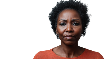 Serious senior black woman with concerned expression on transparent background