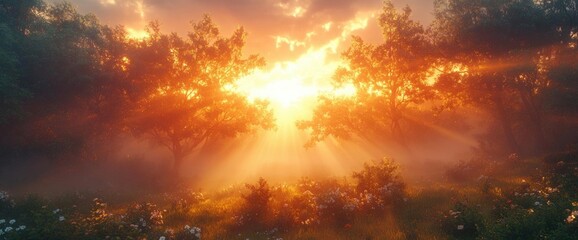 Naklejka premium Golden Sunset Through Trees In Misty Meadow