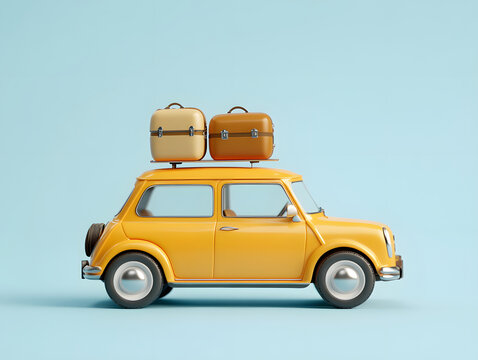 miniature orange car with two suitcases on roof, ready for adventure