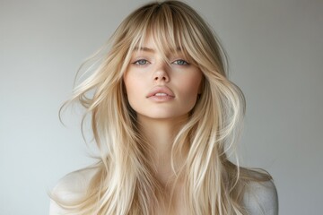 Naklejka premium Stunning Blonde Woman with Long, Flowing Hair and Bangs
