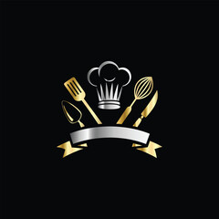 Restaurant logo. Vector illustration of a restaurant logo on a black background.
