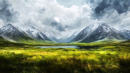 Fototapeta premium Serene Mountain Valley Landscape with Cloudy Sky