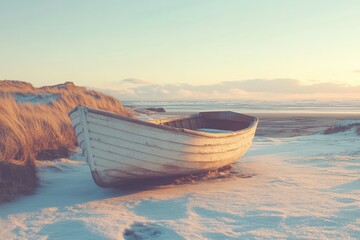 Fototapeta premium Serene Wooden Fishing Boat Resting on the Shore, Bathed in Soft Morning Light, Surrounded by Minimalistic Beach Landscape with Gentle Waves in the Background