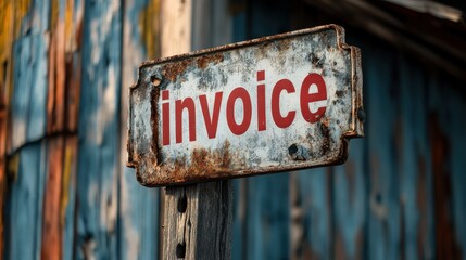 Close-Up of Rustic Sign with Bold Red Text Displaying the Word Invoice, Set Against a Background of Weathered Painted Wood Boards with Colorful Peeling Paint