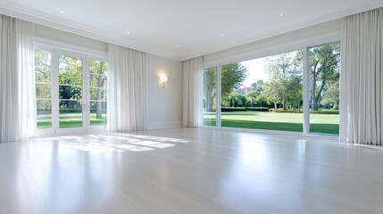 Sunlit empty room, garden view, luxury home interior, real estate listing