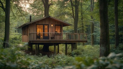 Wooden treehouse cabin in a forest at sunset