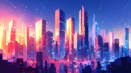 Fototapeta premium A stunning view of skyscrapers against a deep blue sky, showcasing modern architecture with warm light reflections. Underground Skyscrapers. Illustration