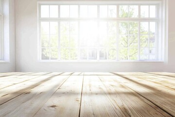 Empty wooden table with the bright white interior of the kitchen as a blurred background behind the bokeh golden sunshin