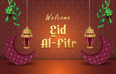 Naklejka premium welcome eid al fitr template banner with beautiful islamic ornament with orange background design 41