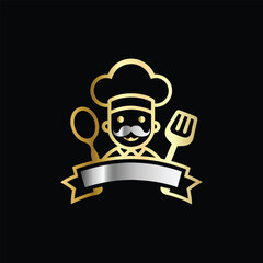 Luxury restaurant emblem with crown, fork and spoon. Vector illustration.