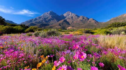 Obraz premium Mountain meadow wildflowers bloom in vibrant colors under a bright blue sky. Possible use Nature wallpaper, desktop background