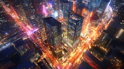 Aerial view of a vibrant cityscape at night, showcasing skyscrapers and illuminated streets in a modern urban environment. Underground Skyscrapers. Illustration