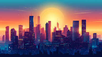 Fototapeta premium Aerial view of modern city skyline with skyscrapers during twilight. Underground Skyscrapers. Illustration