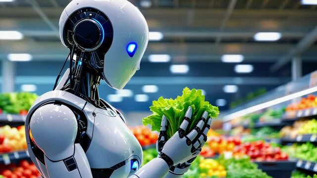 A futuristic robot examining fresh lettuce in a vibrant grocery store filled with colorful produce (1)