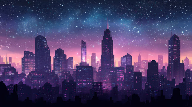 An expansive urban skyline under a starry network overlay, blending modern architecture with cosmic elements, creating a unique visual metaphor for connectivity. Underground Skyscrapers. Illustration