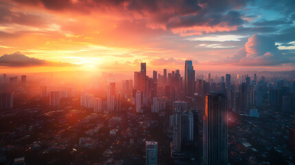 Fototapeta premium Cityscape of makati, metro manila with sunset and skyscrapers. Underground Skyscrapers. Illustration