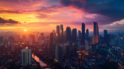 Fototapeta premium Cityscape of makati, metro manila with sunset and skyscrapers. Underground Skyscrapers. Illustration