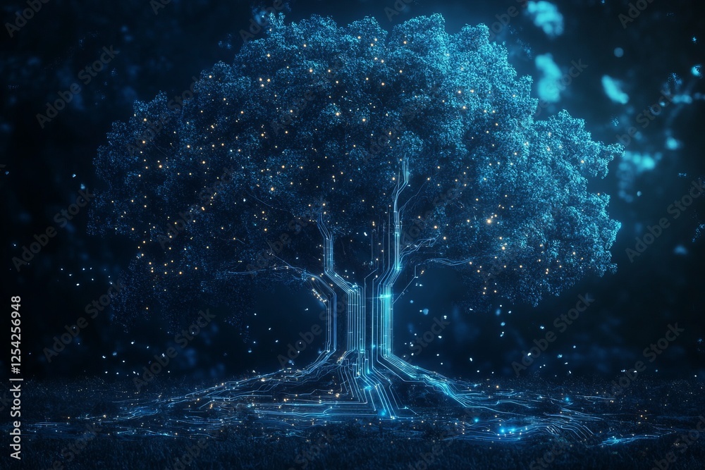 Poster Glowing digital tree network, data flow, dark background, technology concept