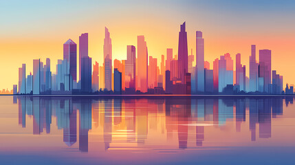 Obraz premium Futuristic cityscape with sleek skyscrapers and high rise buildings reflected in the calm water at sunset or sunrise. Underground Skyscrapers. Illustration