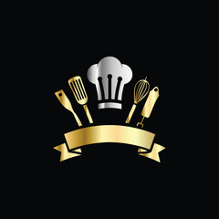 Luxury restaurant emblem with crown, fork and spoon. Vector illustration.