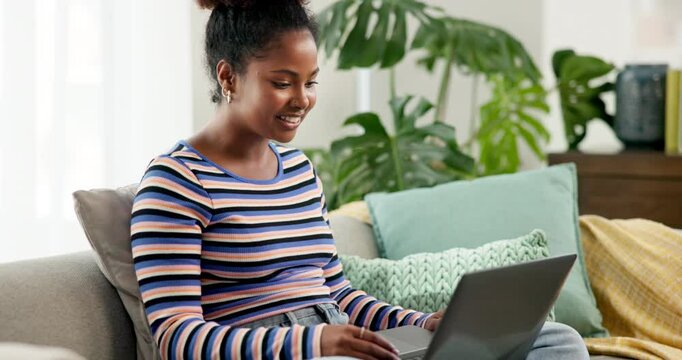 Education, laptop and video call with girl on sofa in living room of home for online course or remote learning. Computer, conversation and lesson with happy college or university in virtual class