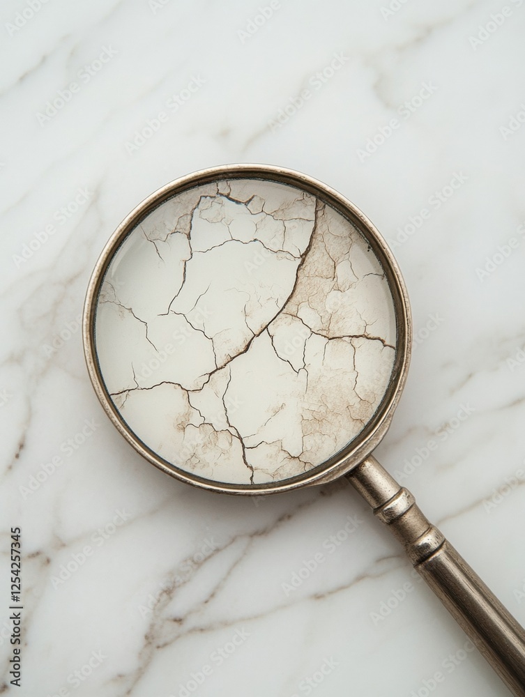 Poster examination of dry and flaky skin texture through a magnifying glass on a marble surface. generative