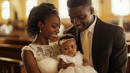 A beautifully dressed couple proudly holds their baby in a church, celebrating a christening or baptism ceremony in a sacred and joyful atmosphere.  
