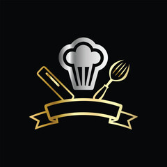 Luxury restaurant emblem with crown, fork and spoon. Vector illustration.