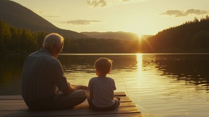 Fototapeta premium Grandfather and grandson fishing at sunset, bonding and passing down traditions