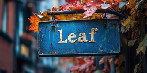 Rustic Blue Sign with Autumn Leaves Surrounding a Street Sign Named "Leaf" Hanging on an Iron Rod in a Vivid Urban Environment