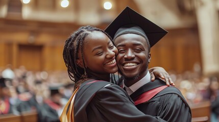Fototapeta premium Happy university couple congratulating each other on graduation day, academic achievement and success