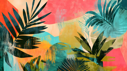 Abstract Tropical Foliage Vibrant Palm Leaves and Textured Background