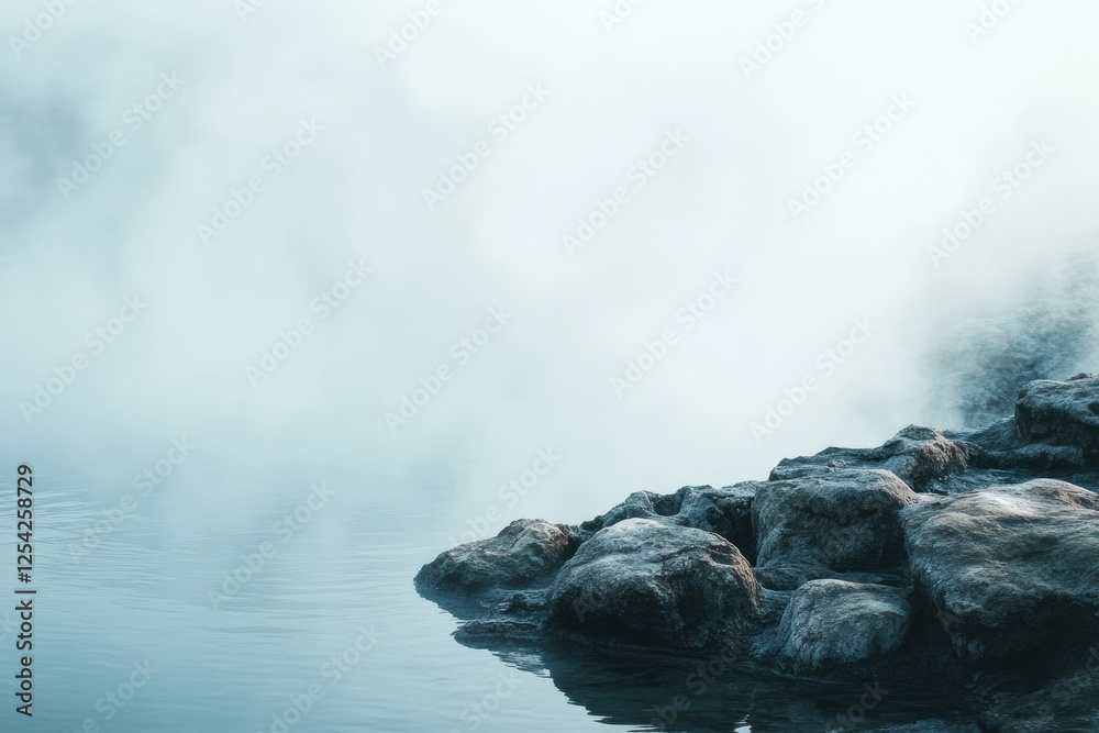 Poster serene hot spring with steam rising above rocky edges creating a tranquil escape at sunrise in a nat