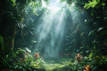 Obraz premium Sunlight Path Through Lush Tropical Forest