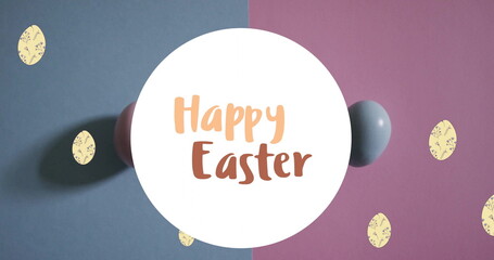Fototapeta premium Image of happy easter text over colourful eggs on purple and blue background