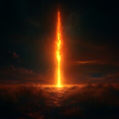 Fiery beam ascends night sky, field foreground, cosmic background, fantasy game art