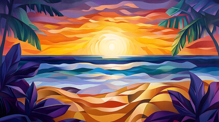 Vibrant Sunset over Tropical Beach - Abstract Geometric Artwork