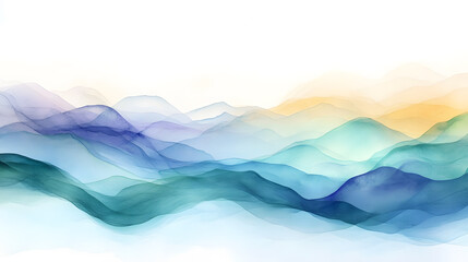 Fototapeta premium Serene Watercolor Mountainscape Abstract Blue, Green, and Gold Hues