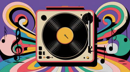 Obraz premium Colorful vinyl record player with musical notes and vibrant swirls