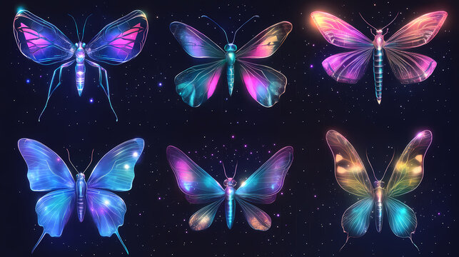 Png holographic icons with cosmic theme set, isolated on transparent background. Cosmic Insects. Illustration