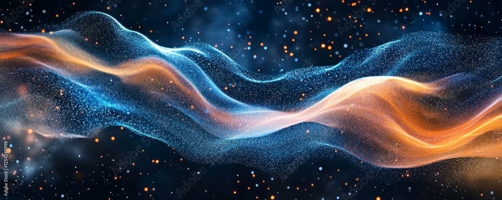Poster cosmic waves flowing through space; background stars; digital art