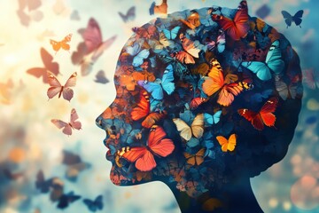 Woman's Profile Silhouette with Colorful Butterflies