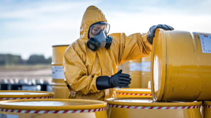 Worker in protective gear inspecting yellow hazardous waste barrels