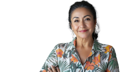 Smiling senior hispanic woman with folded arms on transparent background